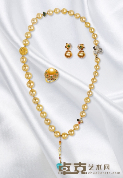 12mm金珠戒指,金镶金珠耳坠,38颗金珠项链 