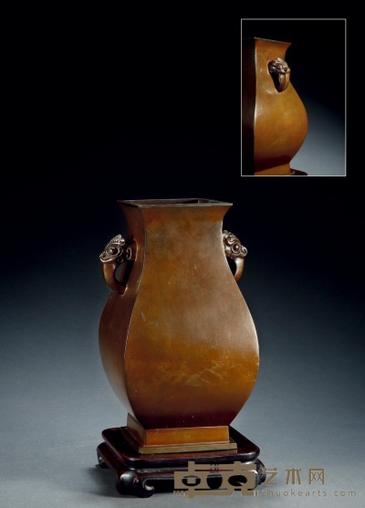 明-清·红皮铜双兽耳方瓶 带座高：34cm 高：29cm 重：3386g