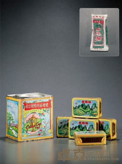 二十世纪九十年代·建源茶行白毛猴茶一罐及海堤牌铁罗汉五盒 规格：五盒，60g×5（铁罗汉茶净重）；一罐，500g（白毛猴茶净重）