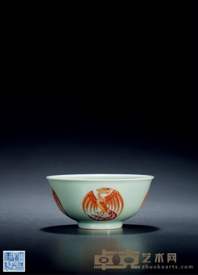 清道光·豆青釉矾红团凤碗 高：7cm 直径：14.5cm