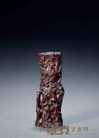 清·紫檀雕树桩型梅花纹花插 高:17.5cm 直径:5.7cm 内口径:1.5cm