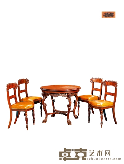 十九世纪制 维多小圆几配四椅 桌面直径：85cm 高：75cm
靠椅长：48cm 宽：39cm 高：88cm