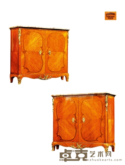 1880年制 法国圣莫伯特铜鎏金镶嵌卷叶纹饰边柜一对 长：138cm 宽：45cm 高：121cm