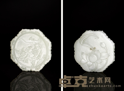 清·白玉雕和合二仙菱花带饰 67×62×7mm