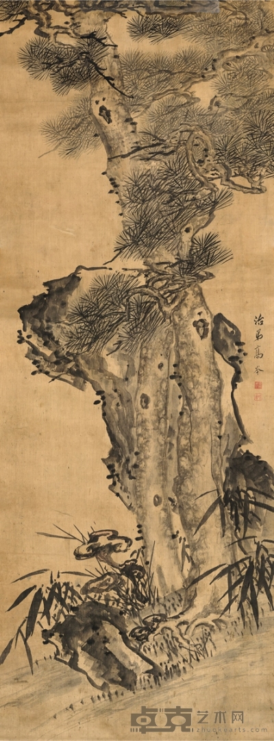 高岑  灵芝松石图 153×43.5cm 