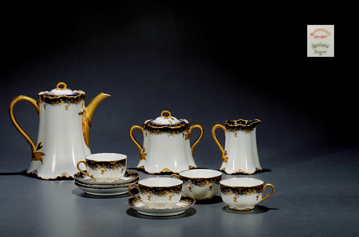 哈维兰（HAVILAND）蓝釉描金骨瓷茶具七件套组