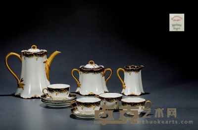 哈维兰（HAVILAND）蓝釉描金骨瓷茶具七件套组 茶杯口径：9cm 高：5cm
茶碟直径：14cm
茶壶口径：10.5cm 高：21cm
奶壶口径：6.5cm 高：11.5cm 
糖壶口径：10cm 高：13cm