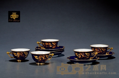亨内博格伯爵皇家蓝描金茶杯五件套组 茶杯口径：7cm 高：4cm 茶碟直径：11.5cm
