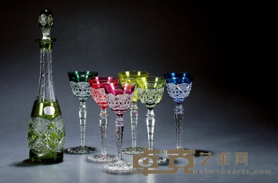 1950年制 圣朗博（VAL SAINT LAMBERT）水晶酒具七件套组 酒杯口径：8.5cm 高：22cm
酒壶底部直径：9cm 高：33cm