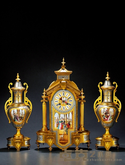 1860年制 哥特风格珐琅彩绘鎏金三件套钟 钟长:26cm 宽:16.5cm 高:46cm
赏瓶长:14cm 宽:11.5cm 高:37.5cm