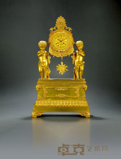 十九世纪制 太阳神饰双天使鎏金座钟 长：42cm 宽：20cm 高：70cm