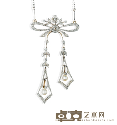 爱德华时期 钻石镶嵌珍珠蝴蝶结花卉饰双坠项链 3.5×6.5cm 长：44cm
