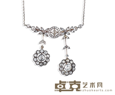 爱德华时期 太阳花饰双坠钻石项链 长:41cm