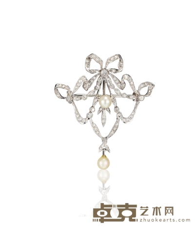 爱德华时期 铂金绸蔓飘带饰珍珠胸针 4×4..6mm