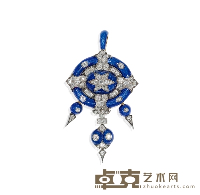 维多利亚时期 钻石镶嵌蓝珐琅胸针 7×4cm 