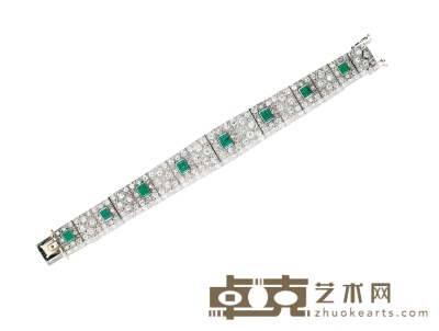 装饰艺术时期 （ART DECO） 钻石镶嵌祖母绿手链 长：16.2cm 