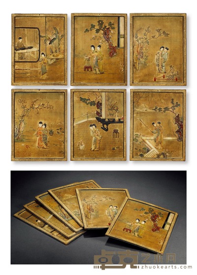 清·绫绢锦地嵌寿山石人物故事册页一组六件 长:30cm 宽:23.5cm
