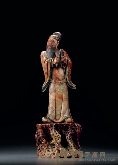 清·加彩寿山石文官像 带座高：31.7cm 高：23cm