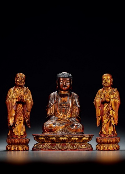 明-清·木雕漆金释迦摩尼及迦叶阿难一组三件