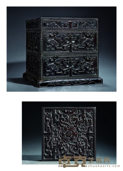 清乾隆·紫檀浮雕缠枝莲纹三层捧盒 高：31.6cm 长：29.5cm 宽：29.5cm