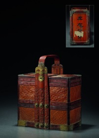 清·王世襄旧藏自用竹编花卉篾纹提盒