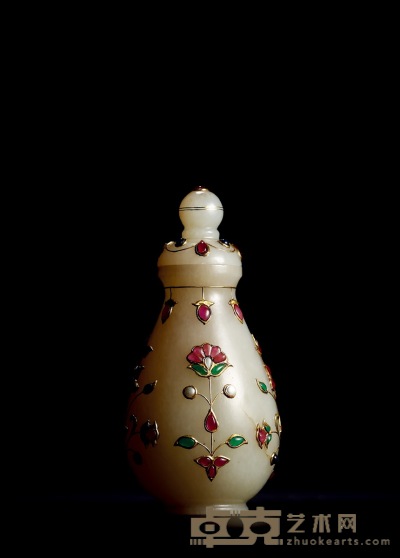 清乾隆·白玉嵌宝花卉纹痕都斯坦风格舍利瓶 高：9.5cm