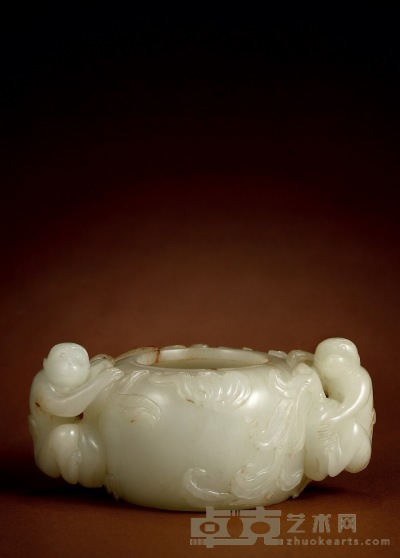 清早期·白玉高浮雕双猴捧寿纹水洗 高：6.7cm 通径：15cm