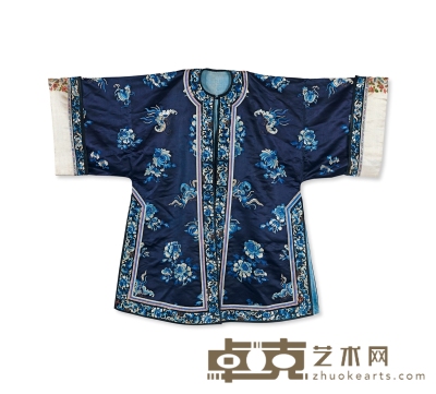 清代道光 三蓝打籽绣女装 约102×73cm，领口12cm，两袖长134cm，袖口41cm
