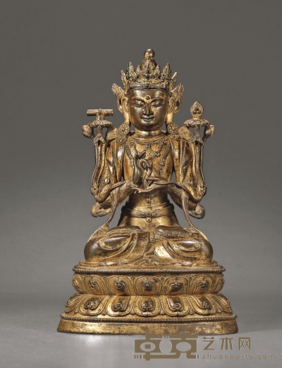 元—明·铜鎏金“钱塘陈彦清造”款地藏菩萨坐像 高：25.5cm