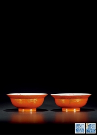 清乾隆·珊瑚红釉描金折腰碗（一对）