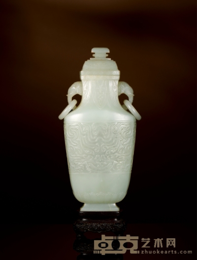 清乾隆·白玉雕饕餮纹象耳活环盖瓶 224×97×57mm 带座高255mm