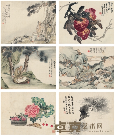 吴昌硕 、沈心海 、汪洛年 等 祝寿绘画六帧 36×28cm×6 