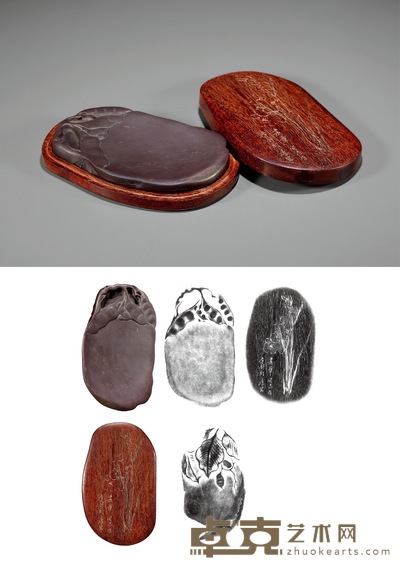 唐云画、白书章制、徐孝穆刻豆荚端砚 14×8.2×1.8cm