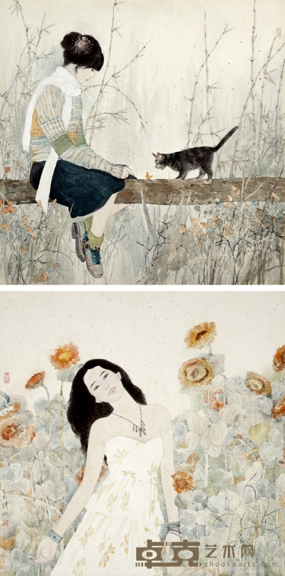 胡博综 少女与猫等人物二帧 49.5×49.5cm×2  