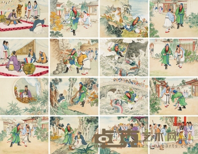 刘汉宗 《除三害》年画四条屏原稿十六帧  27×34.5cm×16