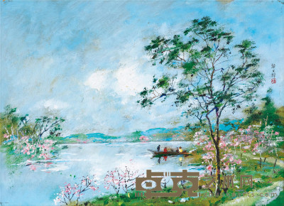 颜文樑 湖边的桃花 纸板 油画