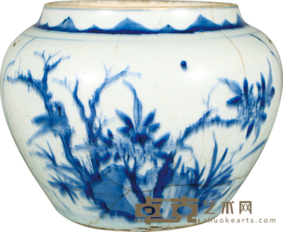 清·顺治青花花卉纹粥罐 H：16cm