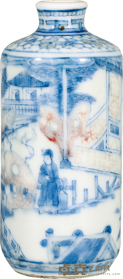 清·雍正青花釉里红狸猫换太子鼻烟壶 H:8.7cm