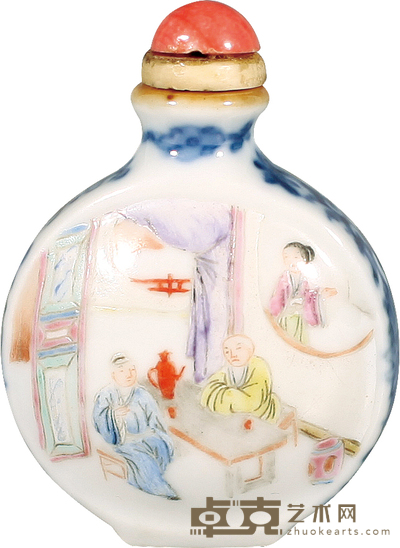 清·嘉庆青花粉彩人物故事纹鼻烟壶 H:6cm