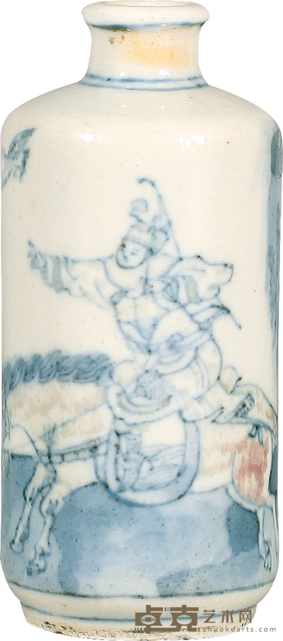 清·中期青花釉里红狩猎纹鼻烟壶 H:7.5cm