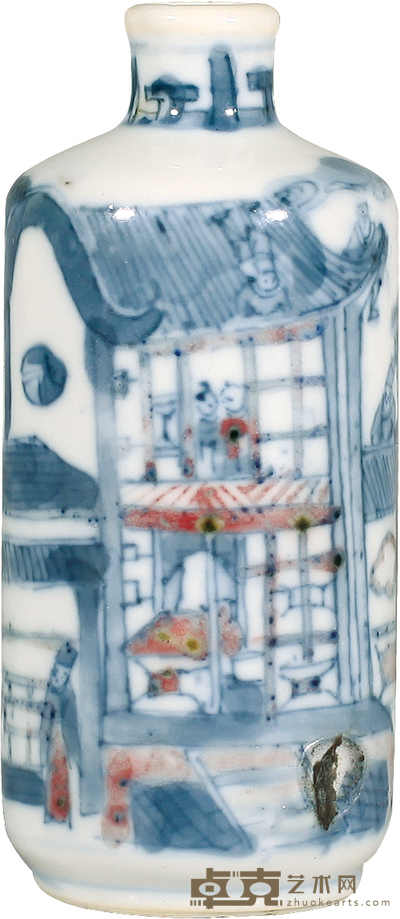 清·中期青花釉里红杂耍人物纹鼻烟壶 H:8.2cm