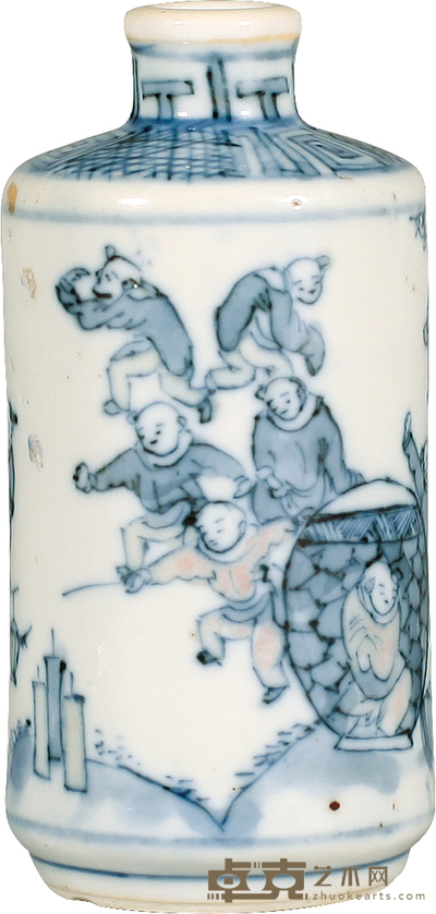 清·雍正青花釉里红婴戏纹鼻烟壶 H:7.8cm