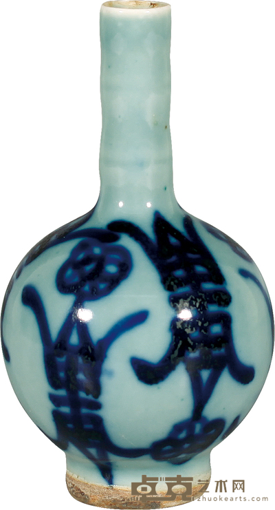 清·中期豆青釉青花寿字纹胆瓶 H:12.5cm