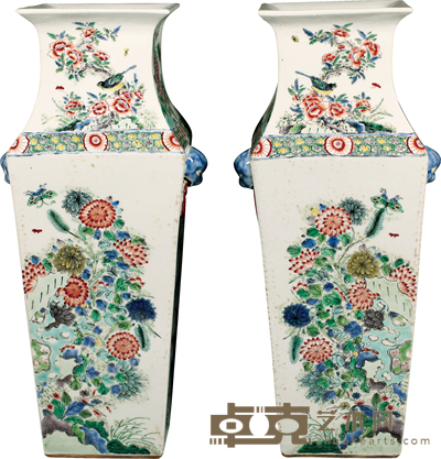 清·光绪五彩花卉纹方瓶(一对) H:41.5cm H:13.5cm