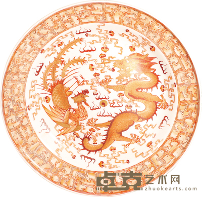 清·矾红描金龙凤纹盘 D:24.5cm