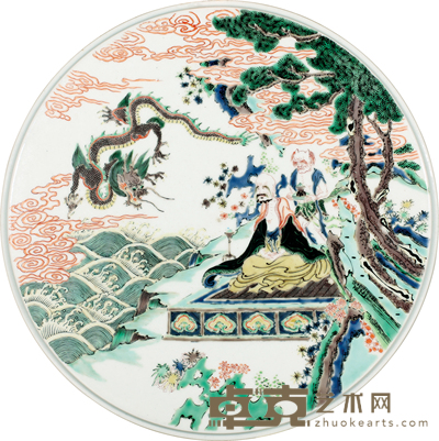 晚清·五彩人物龙纹瓷板 D:32cm