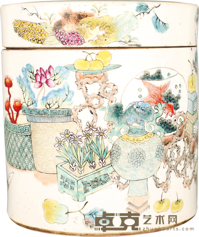 民国·浅降博古纹盖缸 H:22cm