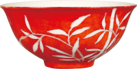 清·宣统珊瑚红釉留白竹纹碗