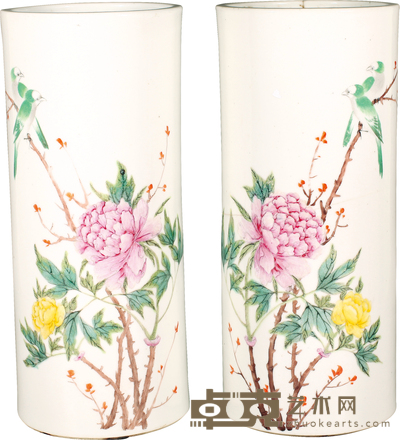 民国·毕伯涛风格花卉纹帽筒(一对) H:28cm