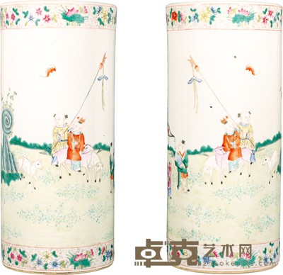 民国·粉彩喜气洋洋纹帽筒(一对) H:29cm